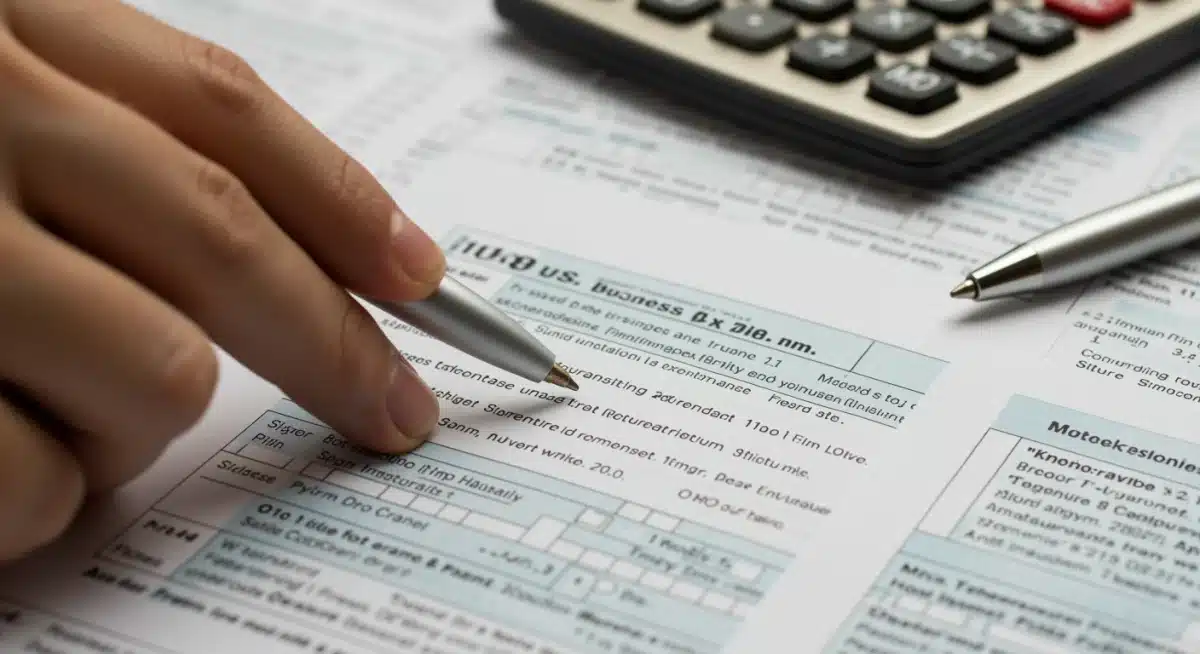 Hand highlighting business expense deduction on tax form