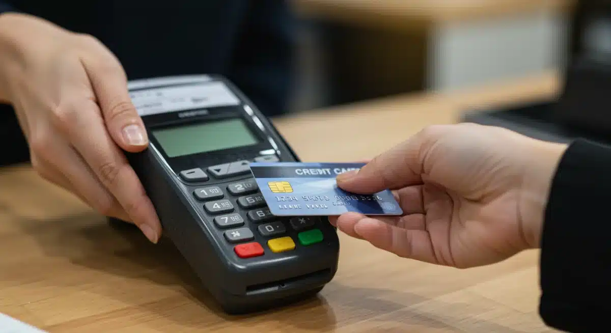 Hand making credit card payment, emphasizing responsible credit use