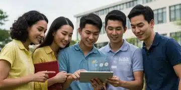 Educational Tax Credits 2025: Maximize US Student Savings Students and parents reviewing educational tax credit information on a tablet.