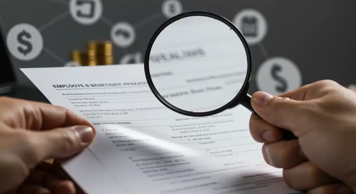 Magnifying glass examining fine print of employee benefits document