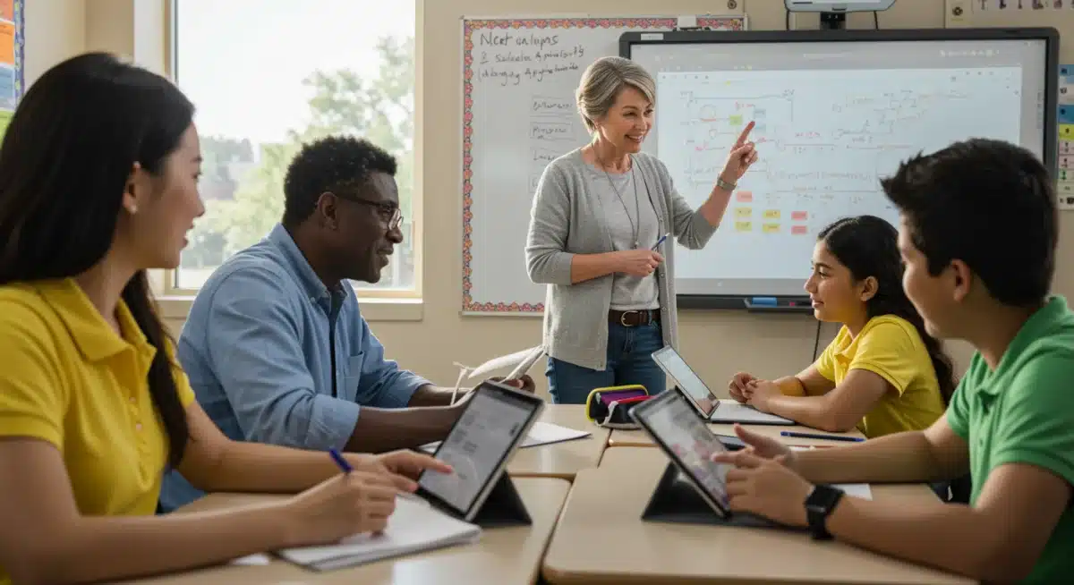 Diverse students in modern classroom, interactive learning, technology in education