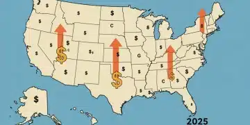Map of US states highlighting top 5 education funding, dollar signs, academic future