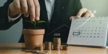 Illustration of a hand planting a seedling in a pot of coins, symbolizing growth and 401(k) retirement savings in 2025.