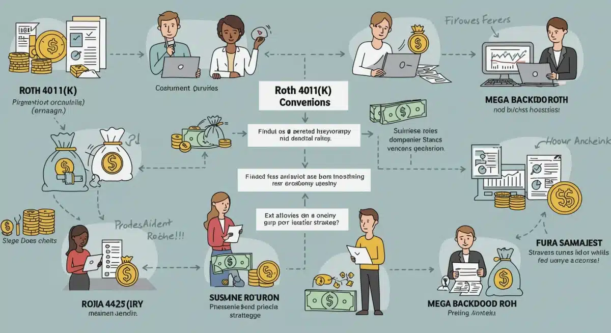 Infographic explaining advanced 401(k) investment strategies like Roth conversions and mega backdoor Roth for high earners.