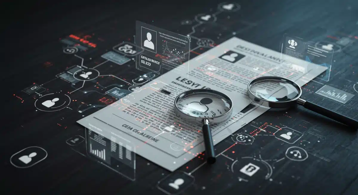 Interconnected data points with legal documents and magnifying glasses