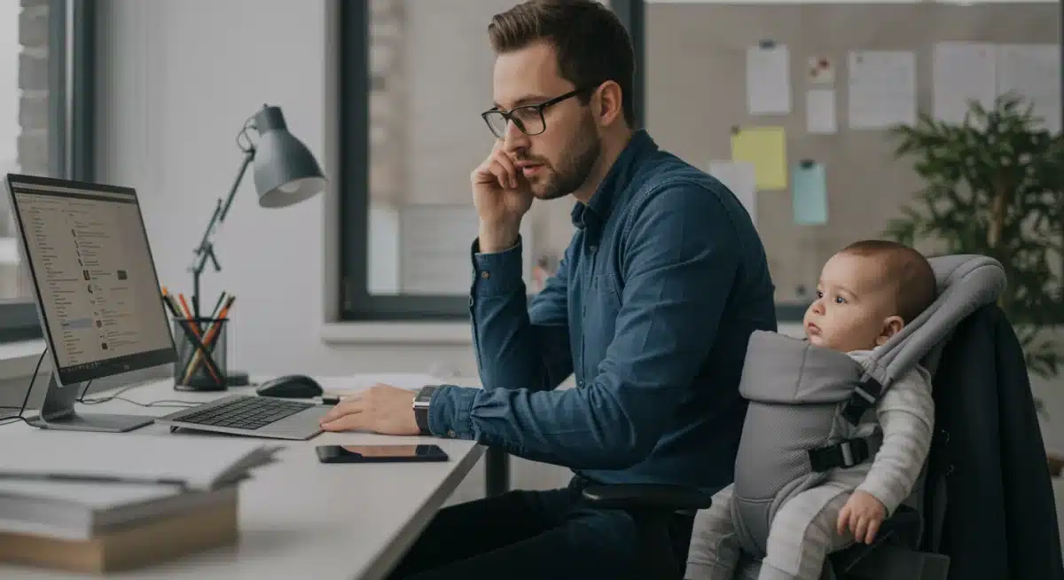 Father balancing work and childcare with paternity leave support