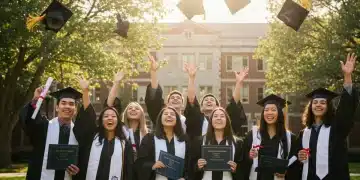 Expert Tips: Securing 2025 Education Scholarships for US High School Seniors High school graduates celebrating with scholarship certificates on a college campus, representing successful scholarship acquisition.