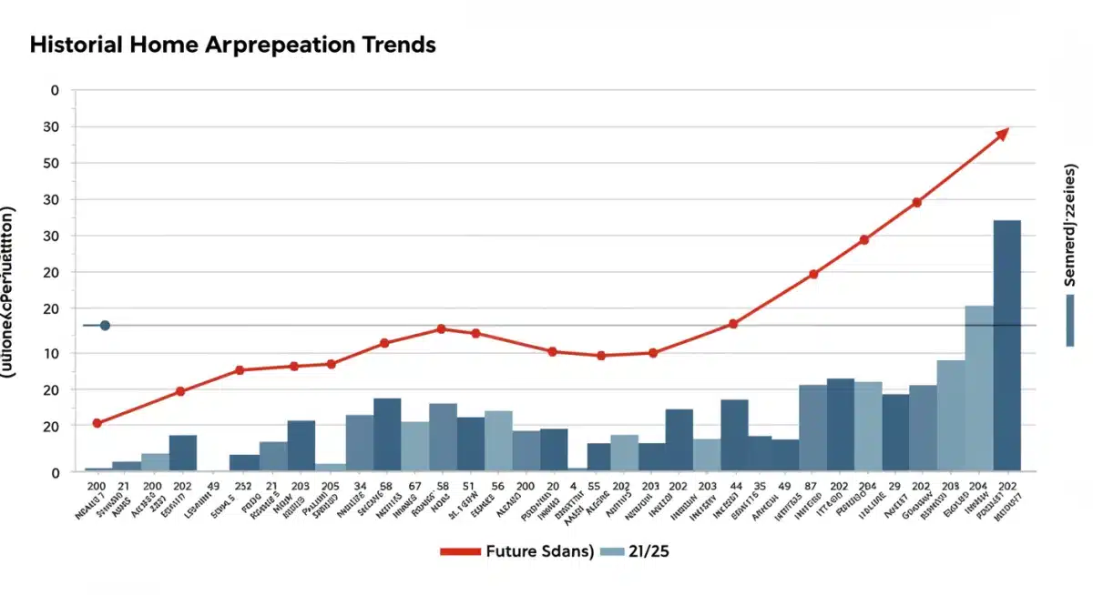 Chart showing historical and projected US home value appreciation with a 3% increase for 2025, highlighting key economic influences.