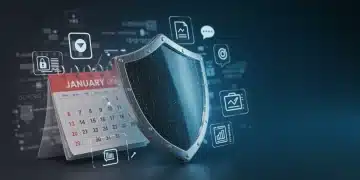 Online Privacy Laws 2025: Legislative Changes & Implementation Shield protecting digital data icons with January 2025 calendar