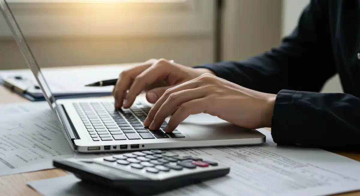 Student working on laptop, managing finances, symbolizing the impact of work-study earnings.