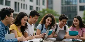 Students smiling, studying with laptops and books on a college campus, representing successful Pell Grant funding.
