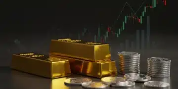 Gold and Silver 2026: Time to Invest in Precious Metals? Stacked gold bars and silver coins with financial charts, symbolizing wealth preservation.