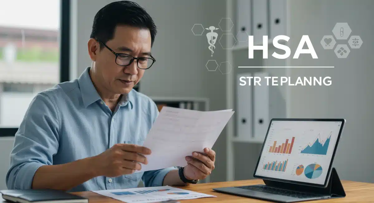 Person planning HSA strategy with financial documents and tablet