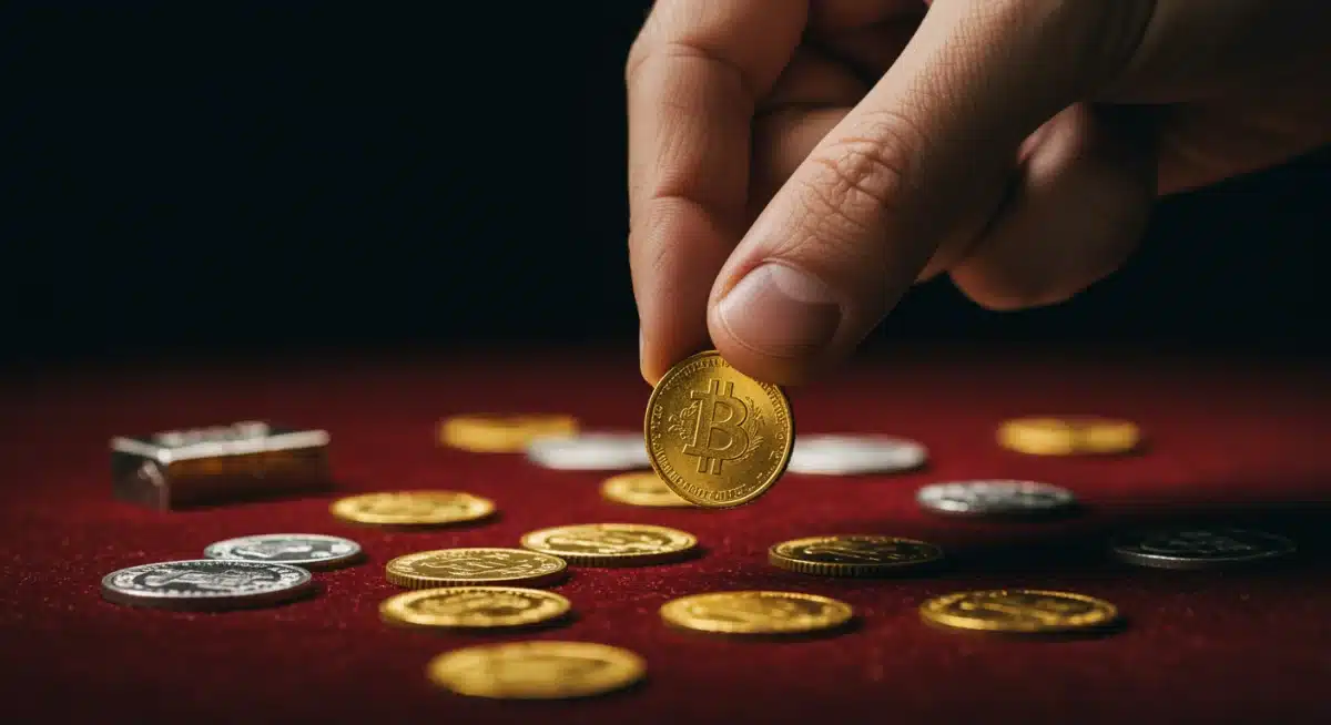 Hand placing a gold coin, symbolizing investment in precious metals.