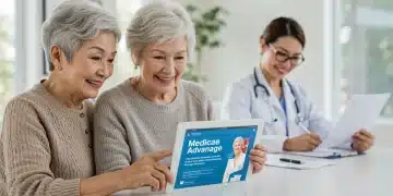 Senior couple comparing 2026 Medicare Advantage plans on a tablet with a healthcare professional nearby.