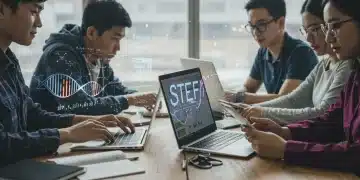 Students learning STEM online with digital tools, futuristic education