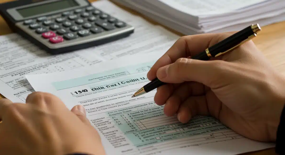 Hand filling out tax forms for Child Tax Credit claims