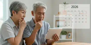 Senior couple planning 2026 Social Security benefits on a tablet, considering early claiming impact.