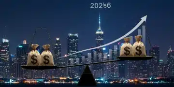 Balance scale with money and inflation graph, symbolizing economic equilibrium