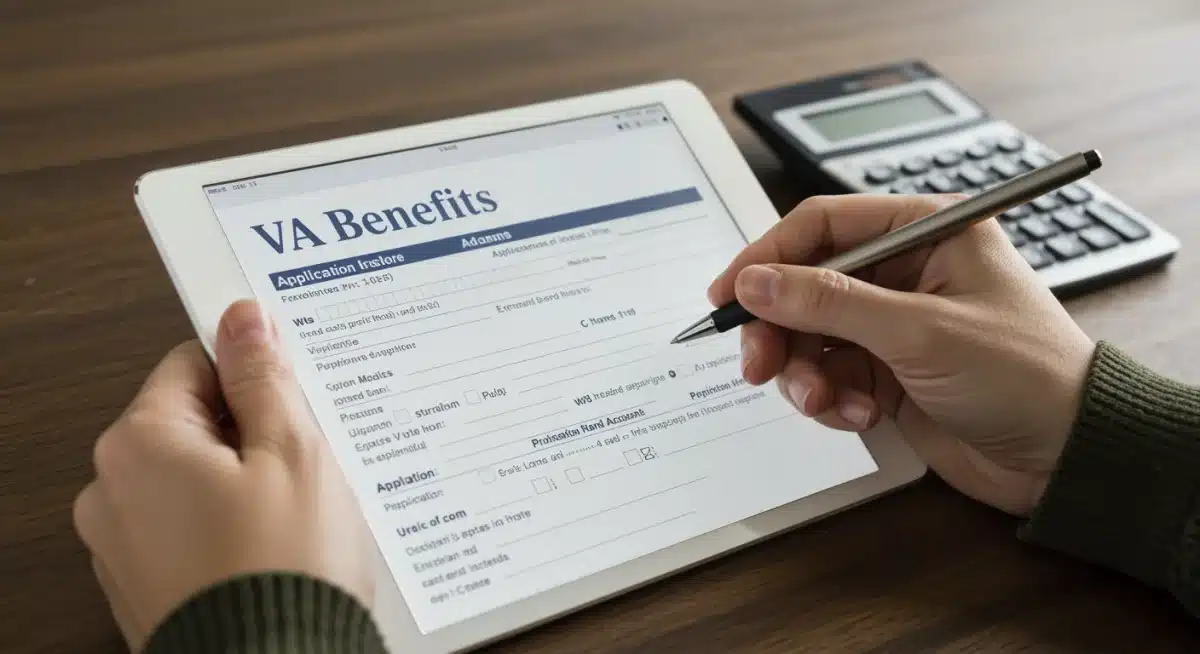 Hand filling out a VA educational benefits application form on a tablet.