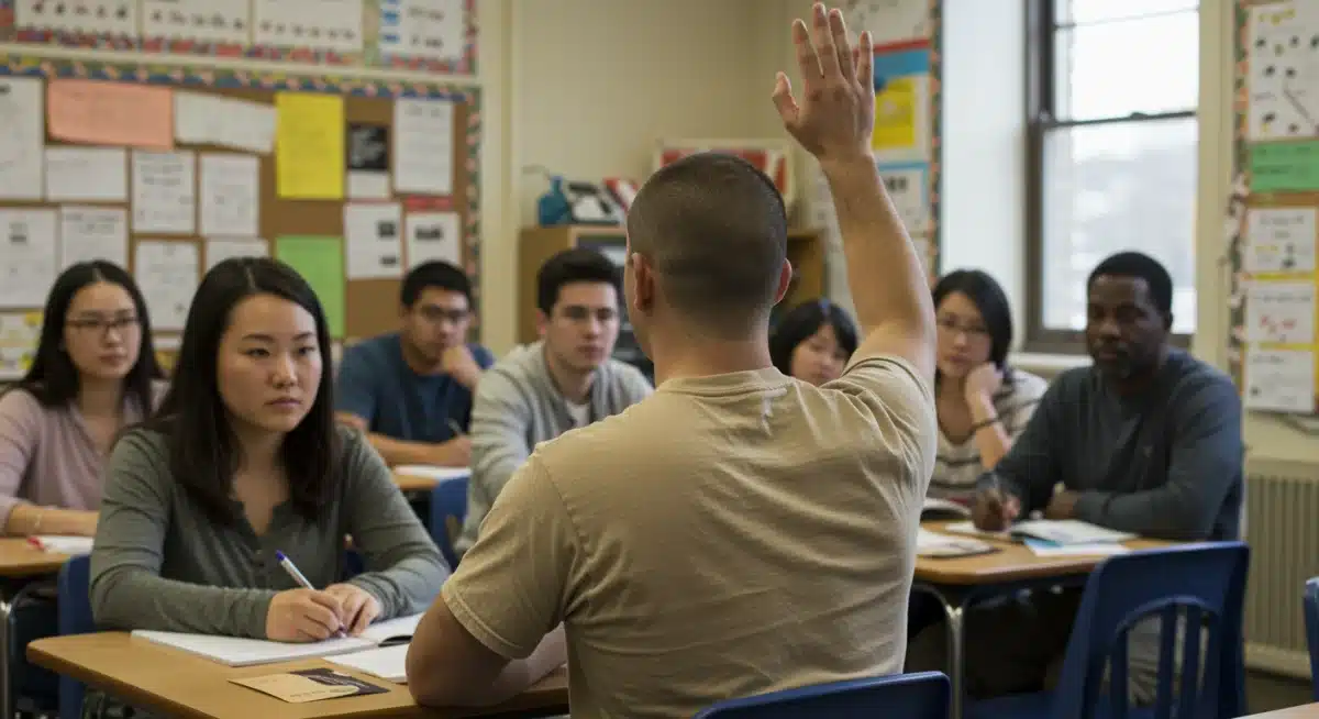 Veteran student actively participating in a college classroom discussion.