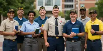 Veterans studying on a college campus, symbolizing educational success and opportunity.