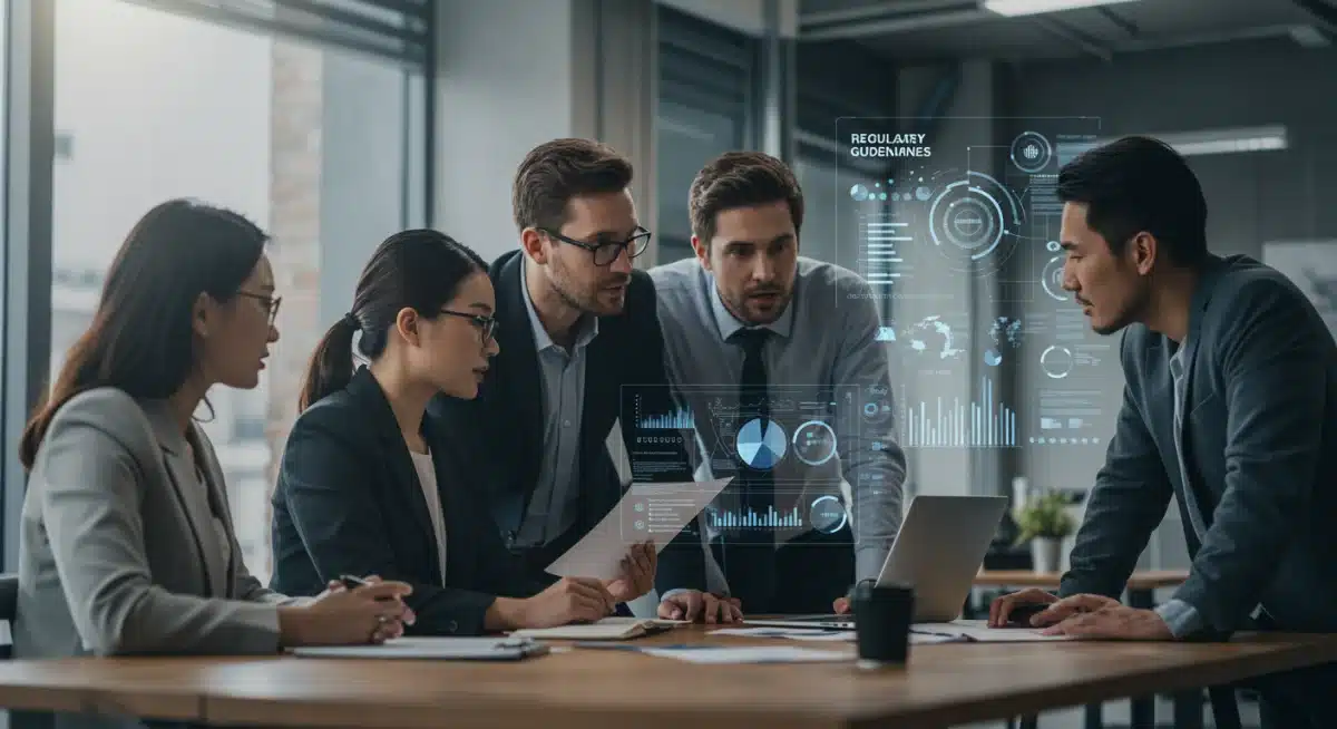 Business team discussing AI regulatory guidelines and strategic planning in a modern office.
