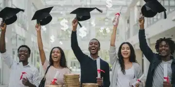 Students celebrating graduation with financial symbols, representing successful educational funding grants