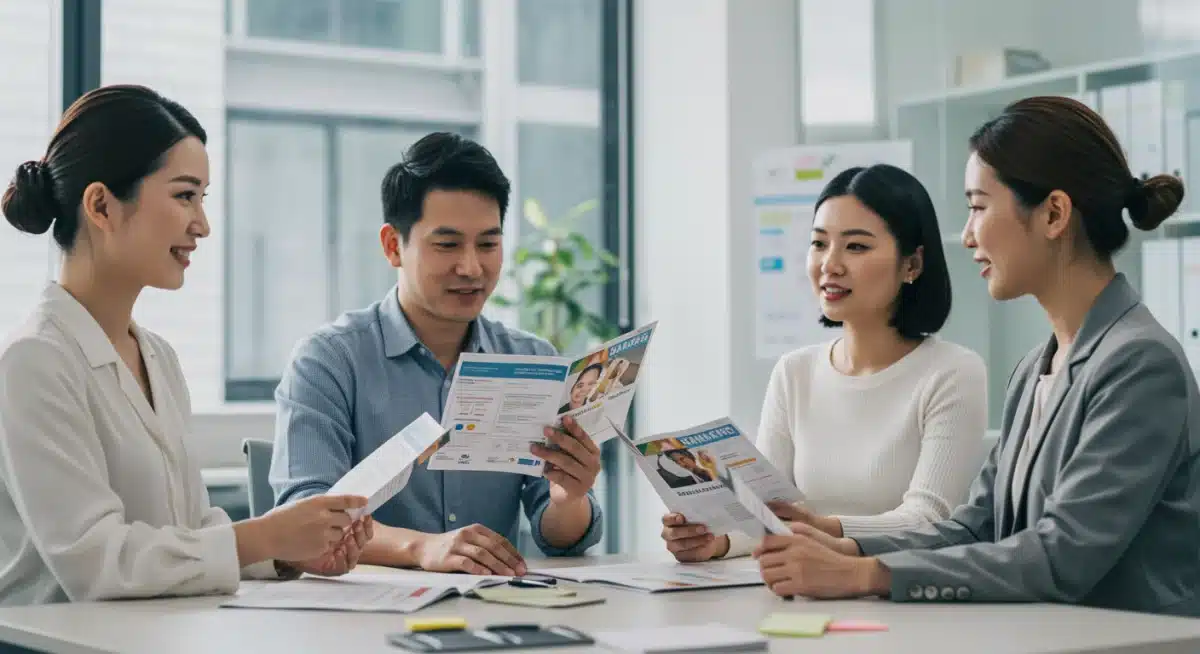 Colleagues discussing wellness benefits with HR in an office setting.