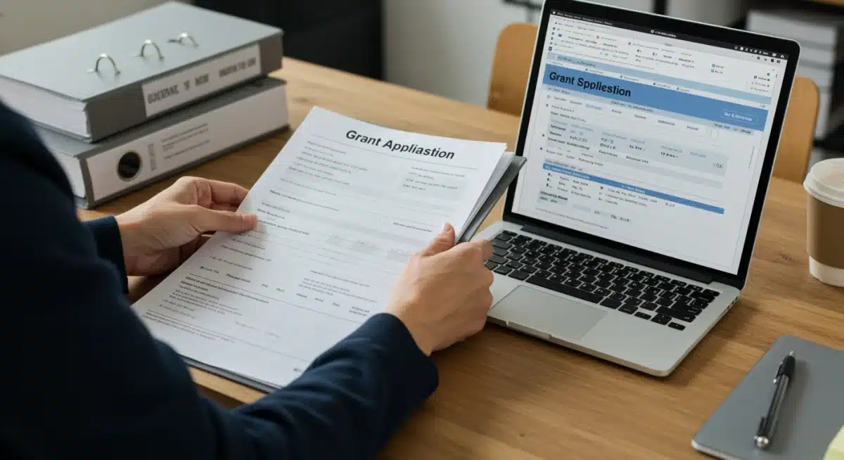 Person meticulously organizing documents for grant application preparation