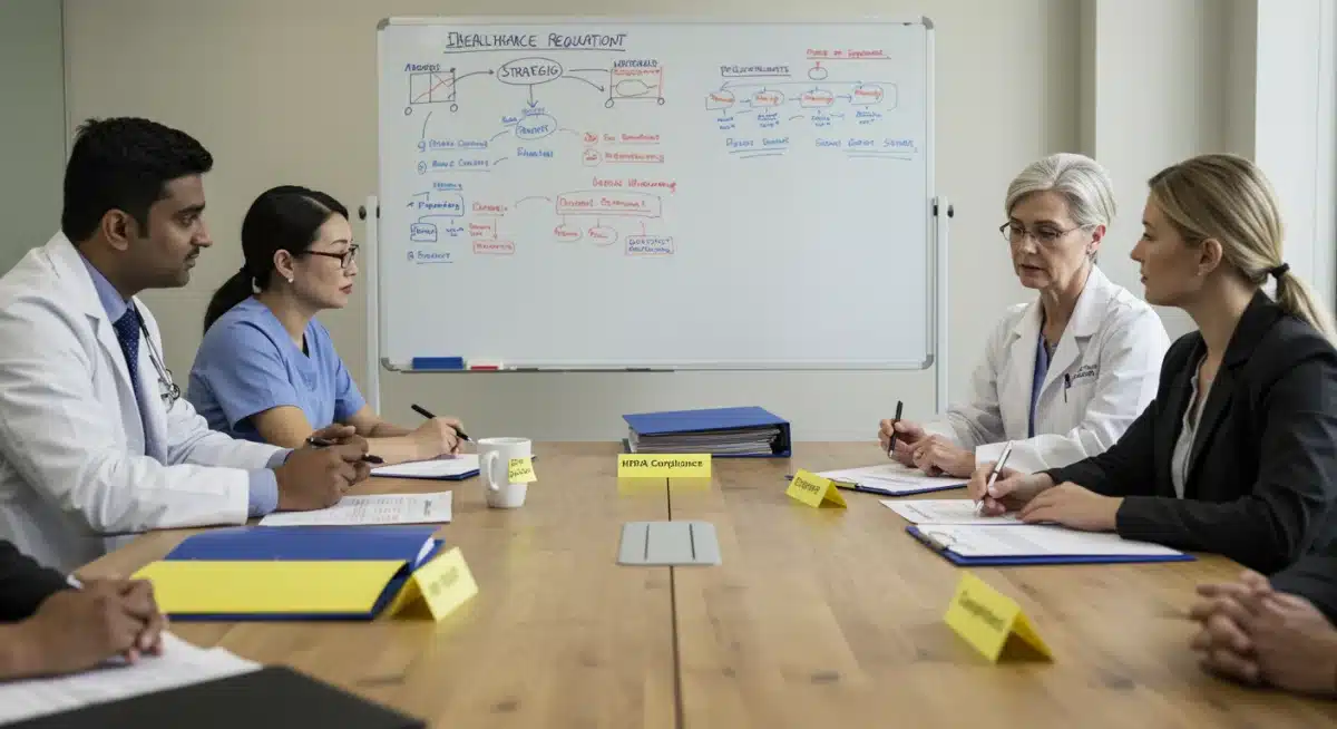 Business professionals discussing healthcare compliance strategy