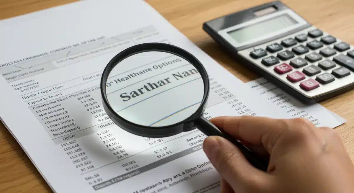 Magnifying glass over healthcare plan document with calculator