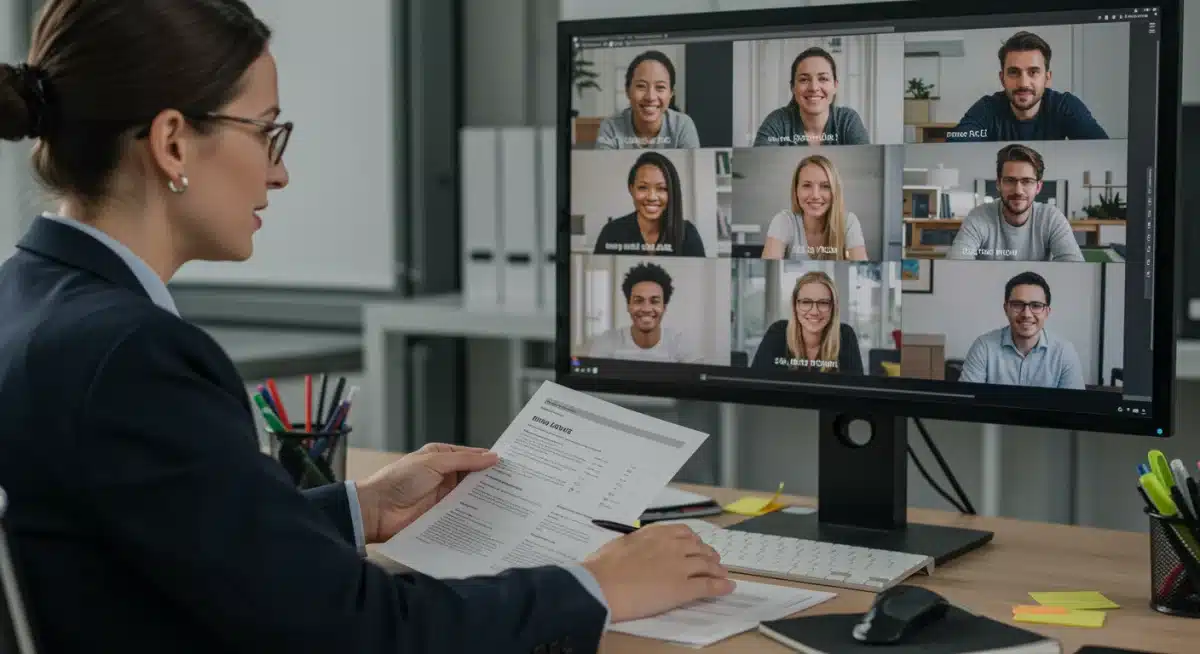 HR professional discussing new family leave policies with employees virtually.