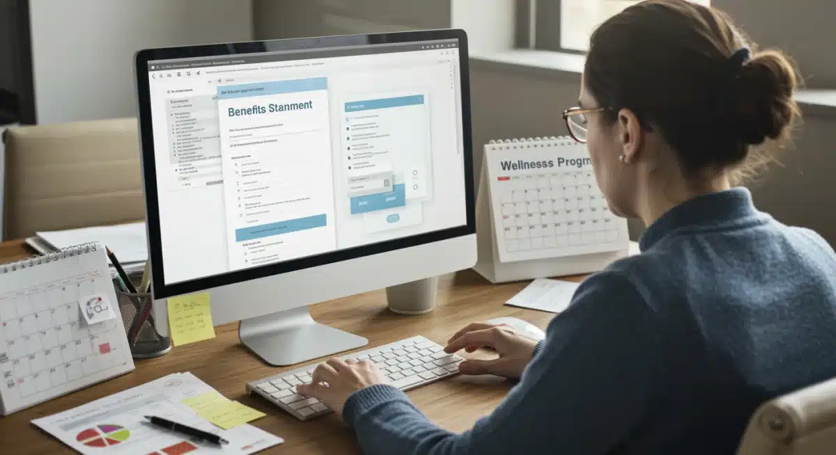 Confused person reviewing complex wellness benefit documents on a computer.