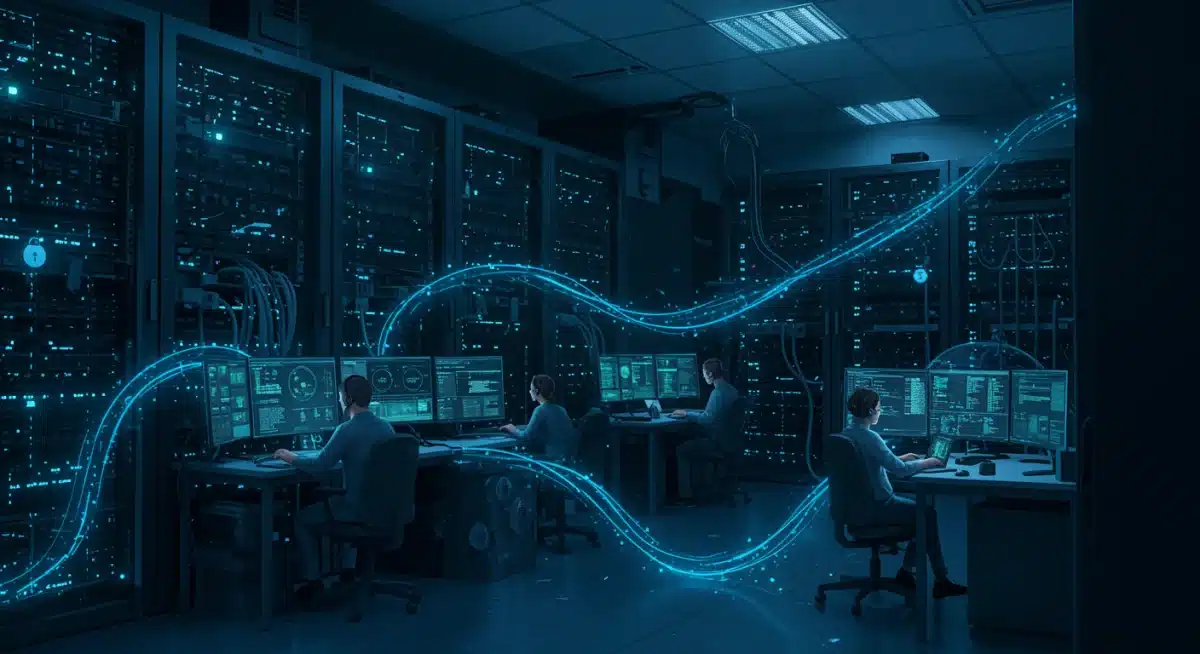 Illustration of a secure data center with cybersecurity analysts monitoring networks.