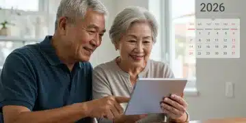 Senior couple reviewing finances on a tablet, planning for 2026 Social Security COLA.