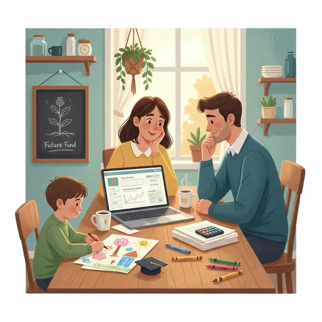 Family reviewing financial documents and tax software, symbolizing family tax benefits.