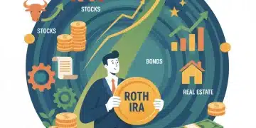 Person investing in a Roth IRA with growth chart, representing retirement savings deductions.