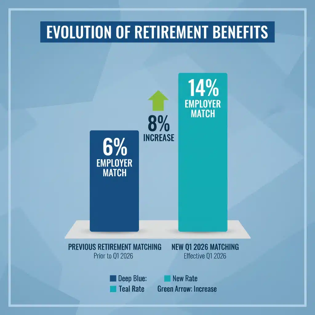 Infographic illustrating an 8% increase in retirement contribution matching benefits
