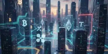 2026 Crypto Regulations: Impact on Digital Asset Portfolios - 6-Month Outlook Futuristic digital cityscape with blockchain pathways and cryptocurrency symbols, representing 2026 crypto regulations.
