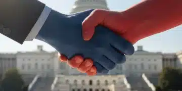 Bipartisan agreement handshake over 2026 budget document, U.S. Capitol in background