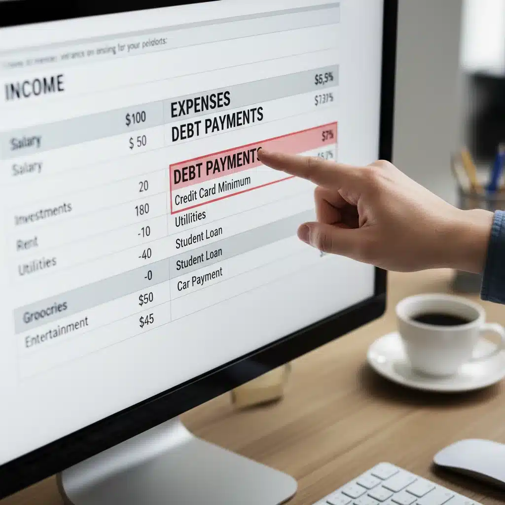 Detailed budget spreadsheet showing income, expenses, and debt reduction strategies.