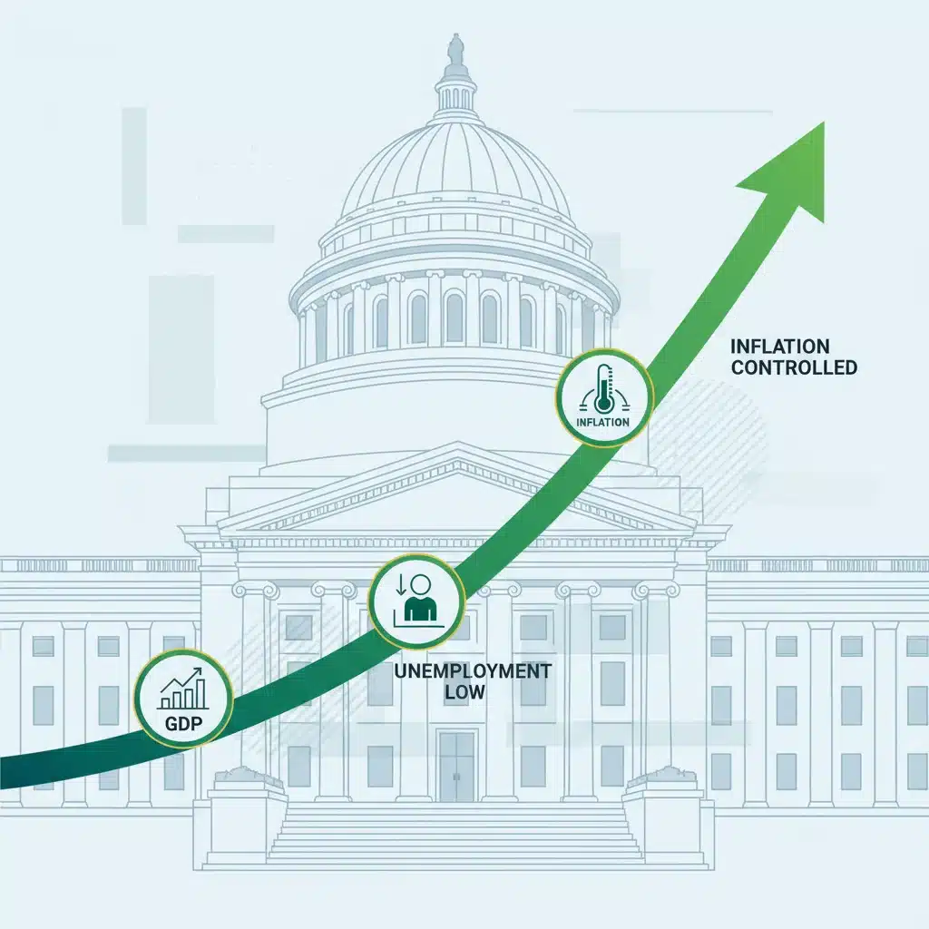 Economic stability indicators with upward trend, U.S. Treasury building background