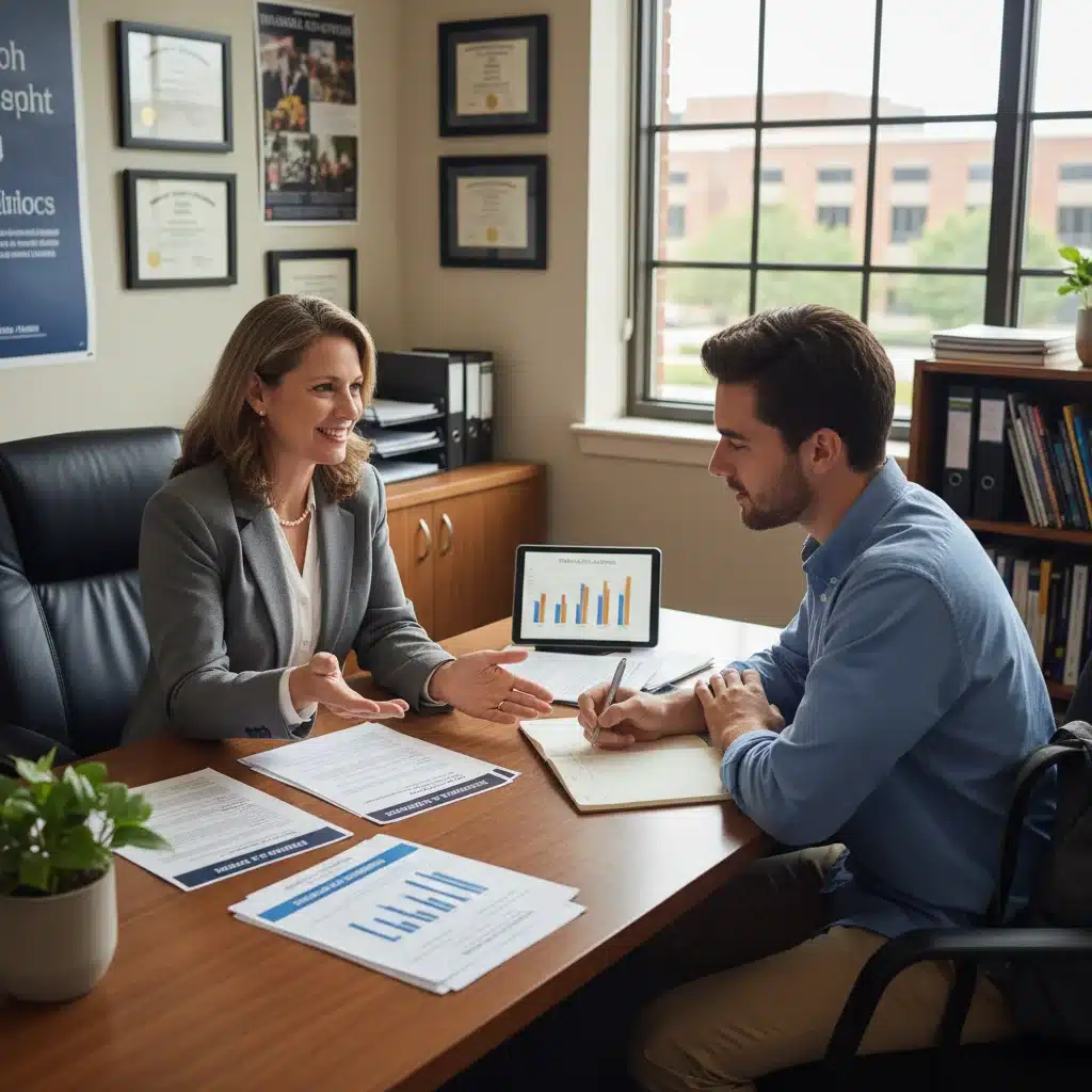 Financial aid advisor guiding student through funding options