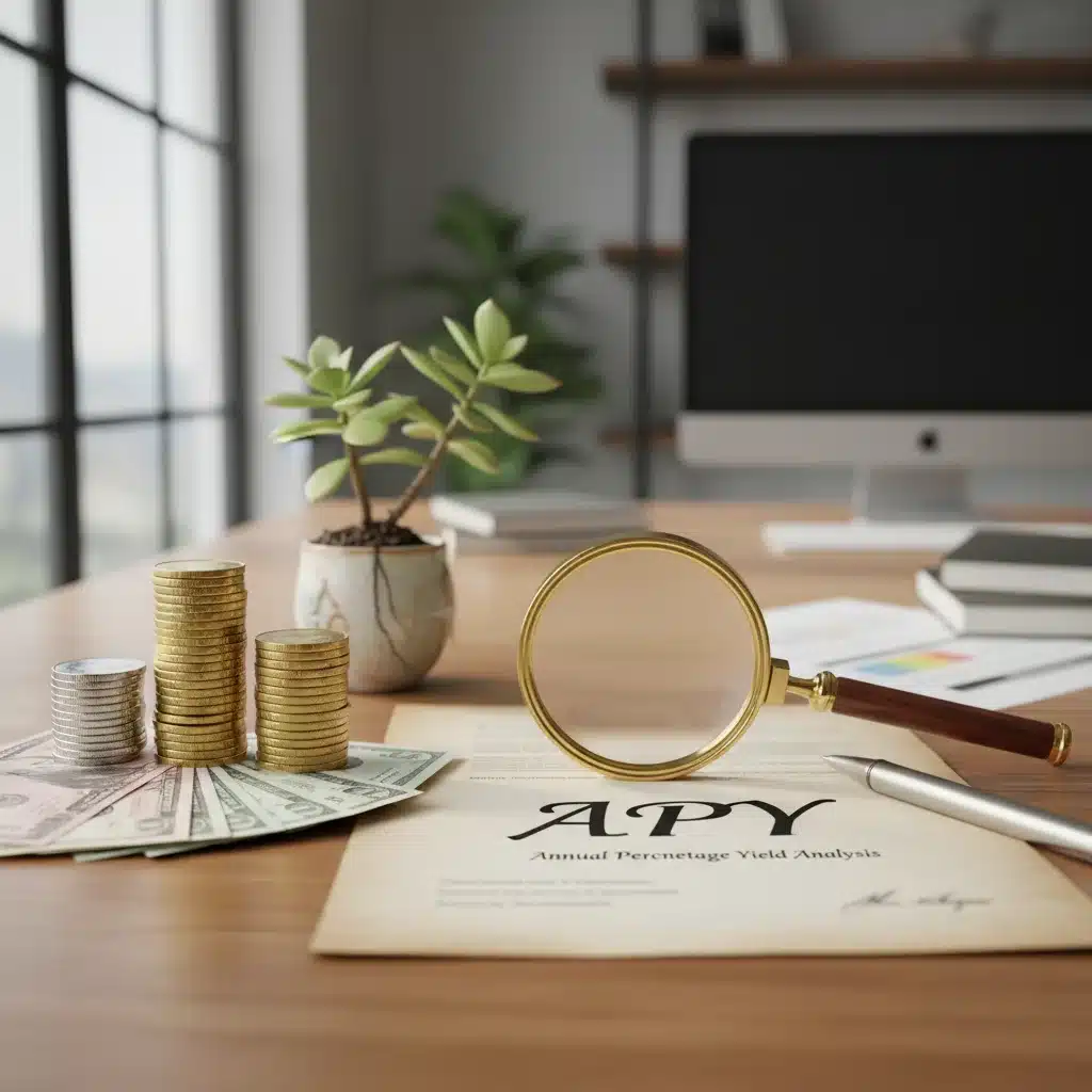 Stack of coins and banknotes with magnifying glass over APY document