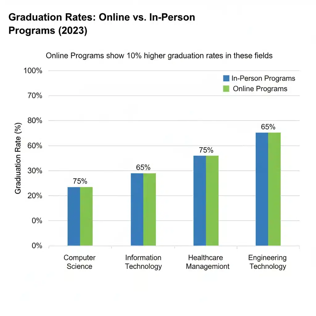 Bar chart comparing 2026 online versus in-person graduation rates across different fields.
