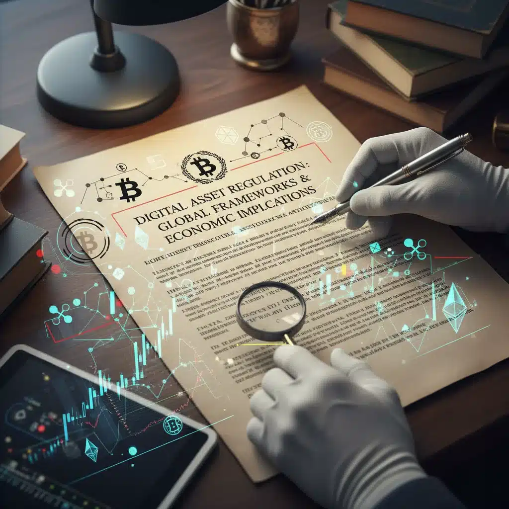 Legal document with crypto symbols and graphs, illustrating complex regulatory frameworks and market impact.