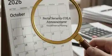 Calendar with 2026 highlighted, magnifying glass, signifying 2026 Social Security COLA anticipation and financial planning.