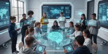 High school students interacting with AI technology in a modern classroom setting.