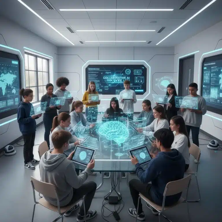 High school students interacting with AI technology in a modern classroom setting.